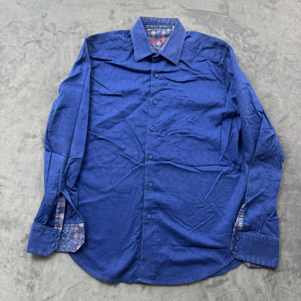 Robert Graham Mens Blue Jacquard Long Sleeve Button Down Shirt Classic Fit M